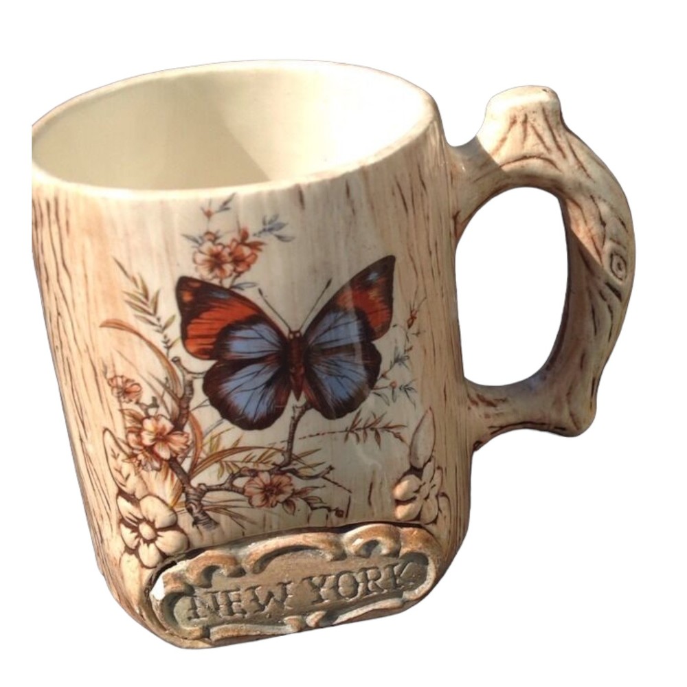 Vintage Treasure Craft New York Ceramic Coffee Mug Wood Grain Butterfly USA 3D